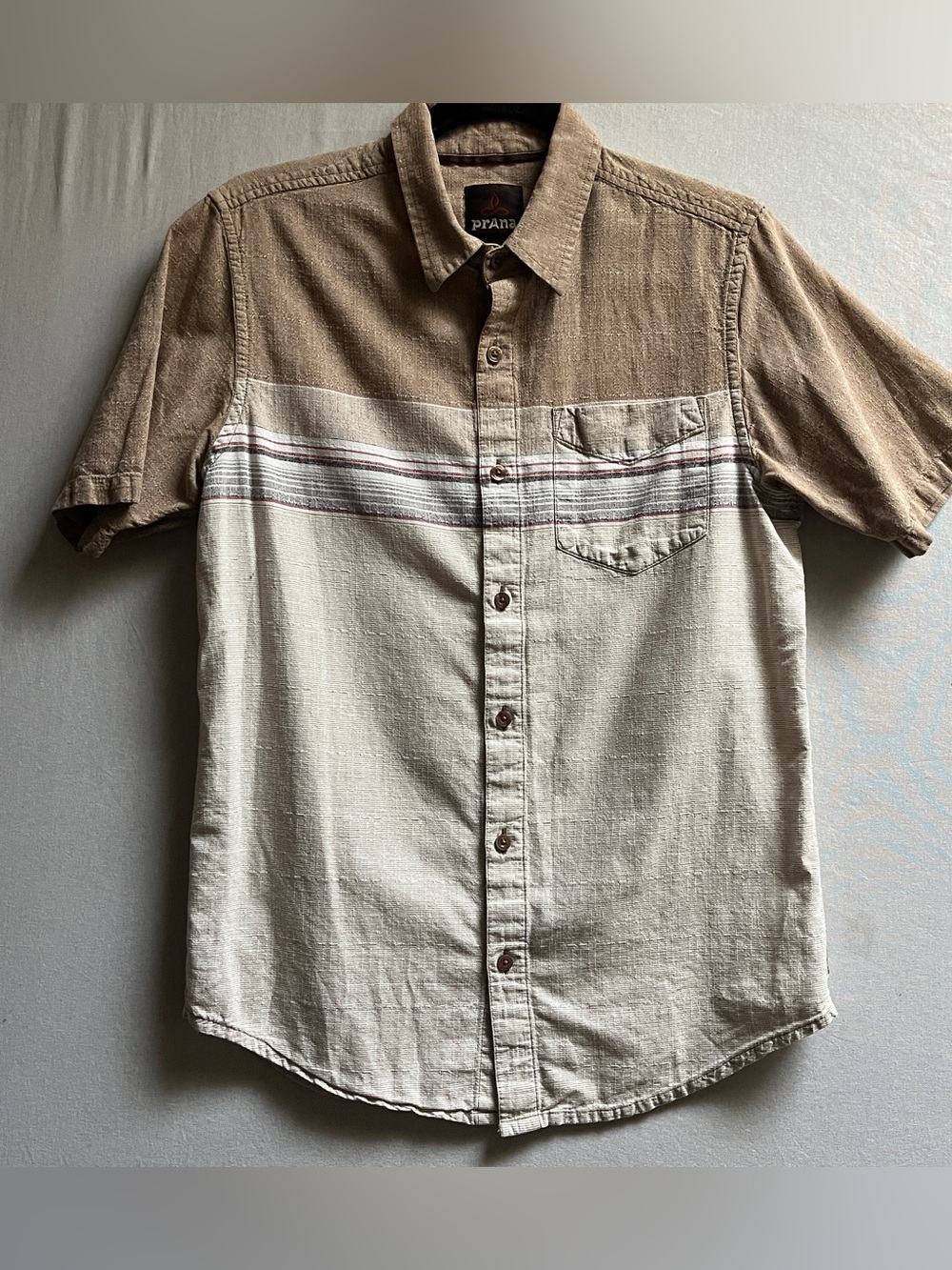 prAna Mens Two Tone Tan Cream Striped Short Sleeve Shirt Small